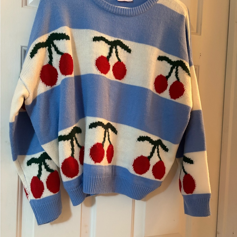 Pink Lily Cherry Striped Sweater - Blue and White